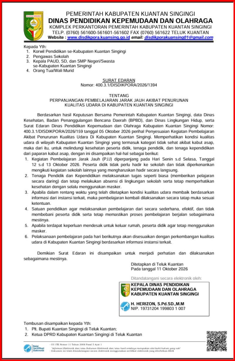 Tanggap Kualitas Udara Tidak Sehat, SDN 008 Sungai Kuning Perpanjang Pembelajaran Jarak Jauh (PJJ) 12–13 Oktober 2026